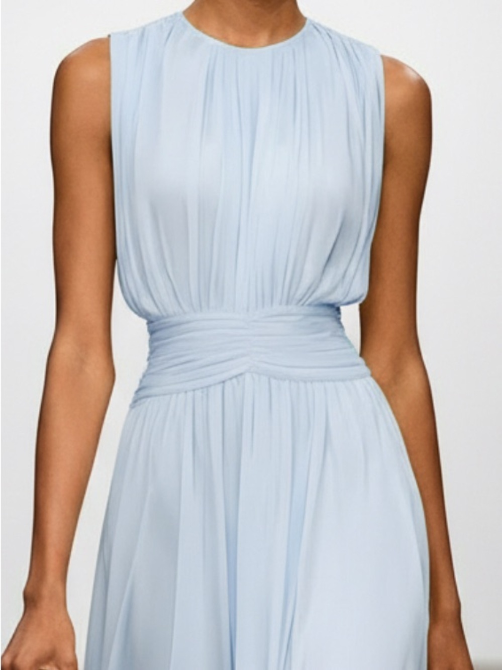 Sleeveless Pale Blue Maxi Dress with Ruched Waist